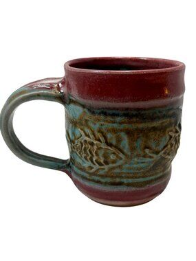 Handmade 2006 Ceramic Mug With Fish Motif In Red Blue & Brown Glaze Finish